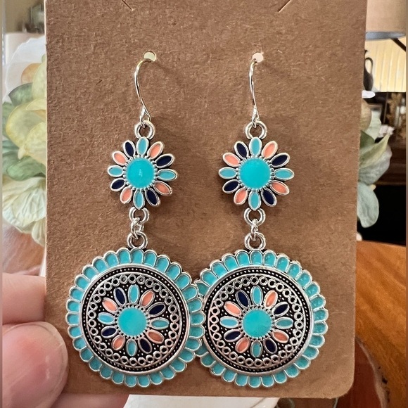 Colorful Boho Floral Blue Round Center Dangle Earrings 2.5” Fish Hook - Picture 1 of 6